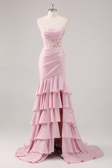Blush Mermaid Strapless Corset Tiered Long Prom Dress with Slit